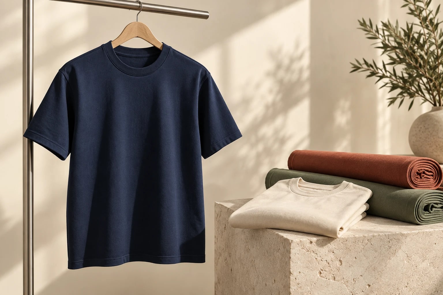 Navy cotton T-shirt with folded fabrics — illustrative product concept